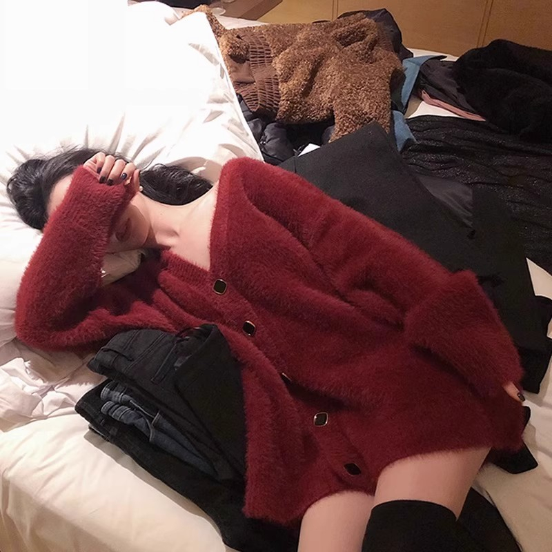 氣質黑色水貂絨毛衣外套女秋冬新款溫柔風高級感針織開衫冬季外搭