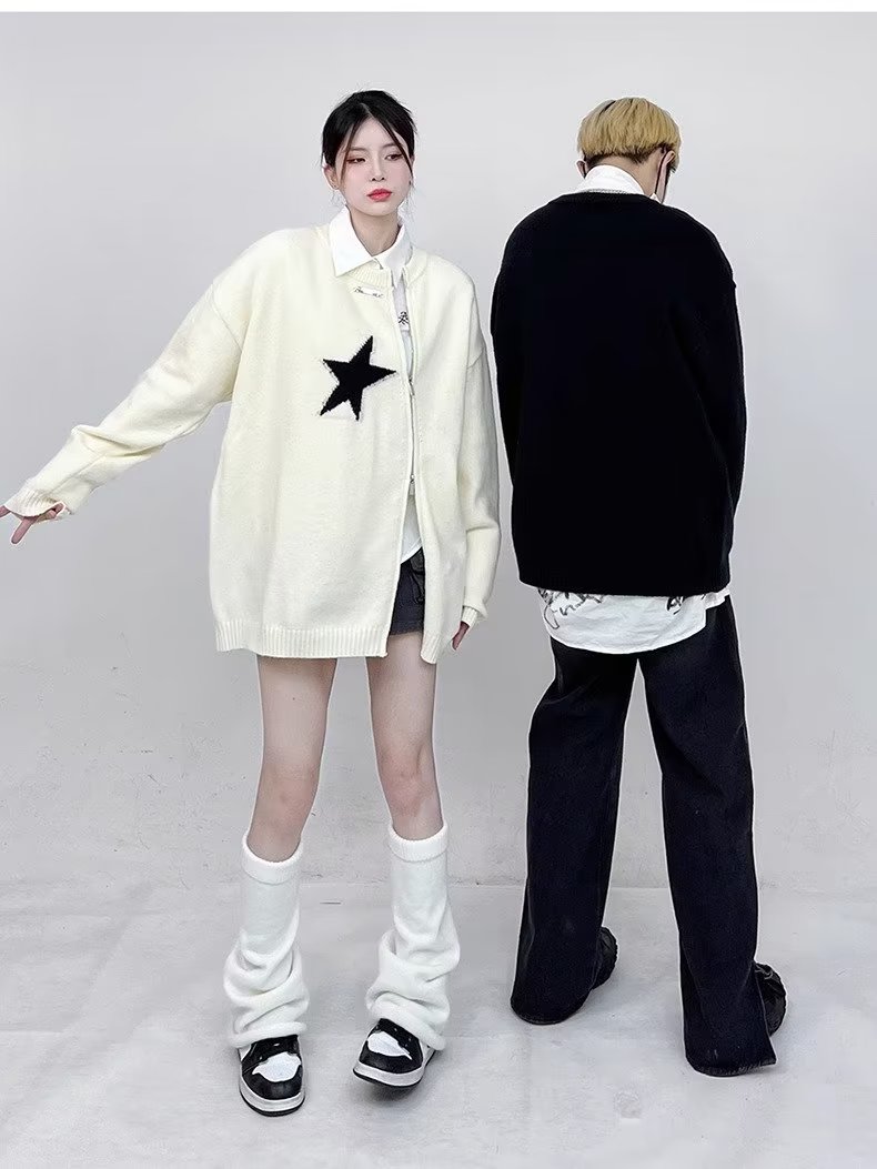 美式不規則拉鏈星星毛衣女潮牌痞帥嘻哈高街慵懶針織衫