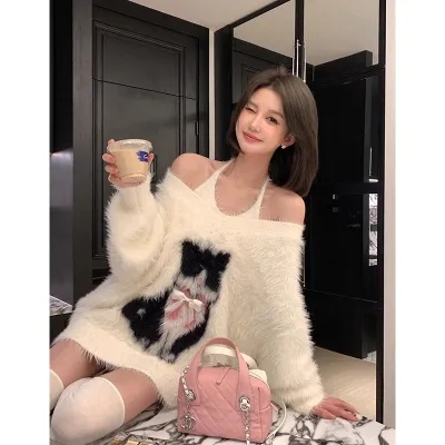 NIMOWANG辣貓Top1v領慵懶風大毛衣女秋冬蝴蝶結仿貂針織上衣