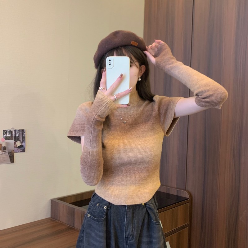 實拍 秋冬半高領設計感美德拉漸變色帶袖套外穿內搭針織毛衣