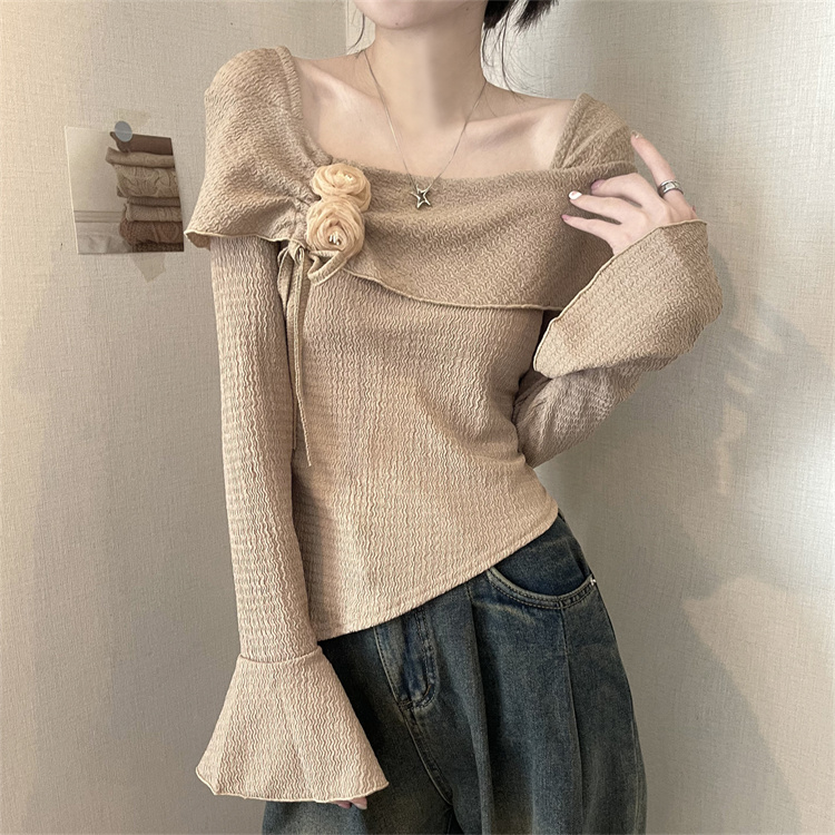 Real shot of French sweet, chic and beautiful tops for women, niche trumpet long-sleeved waisted tops
