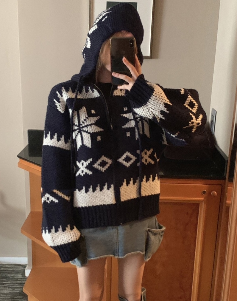 INS韓國博主！秋冬復古雪花撞色寬鬆百搭顯瘦百搭毛衣外套女