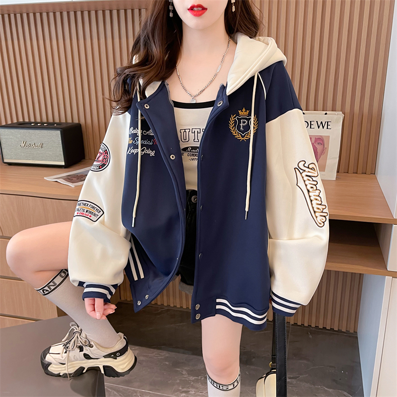 實拍 秋冬韓版寬鬆貝貝絨連帽刺繡棒球服開衫中長款加絨外套女