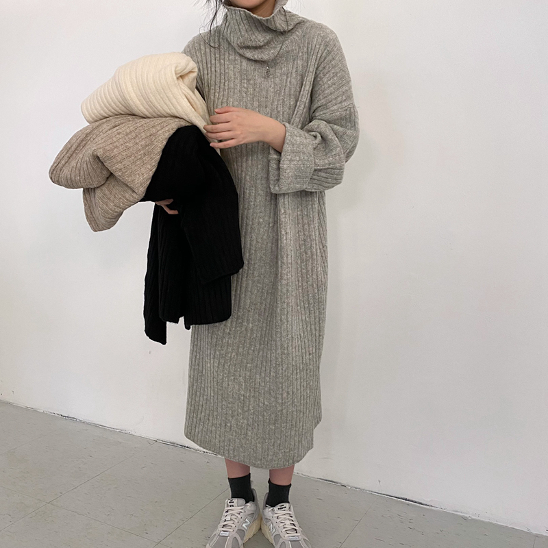 韓國chic高領保暖寬鬆慵懶長款毛衣裙顯瘦連衣裙女