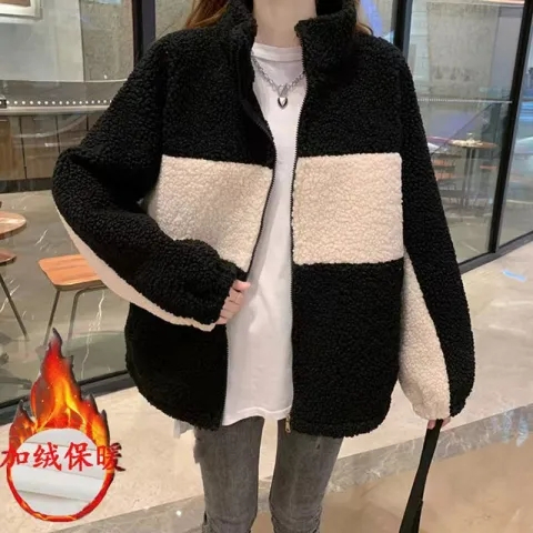 秋冬季新款韓版羊羔絨毛加絨加厚外套女百搭寬鬆短款立領休閒上衣