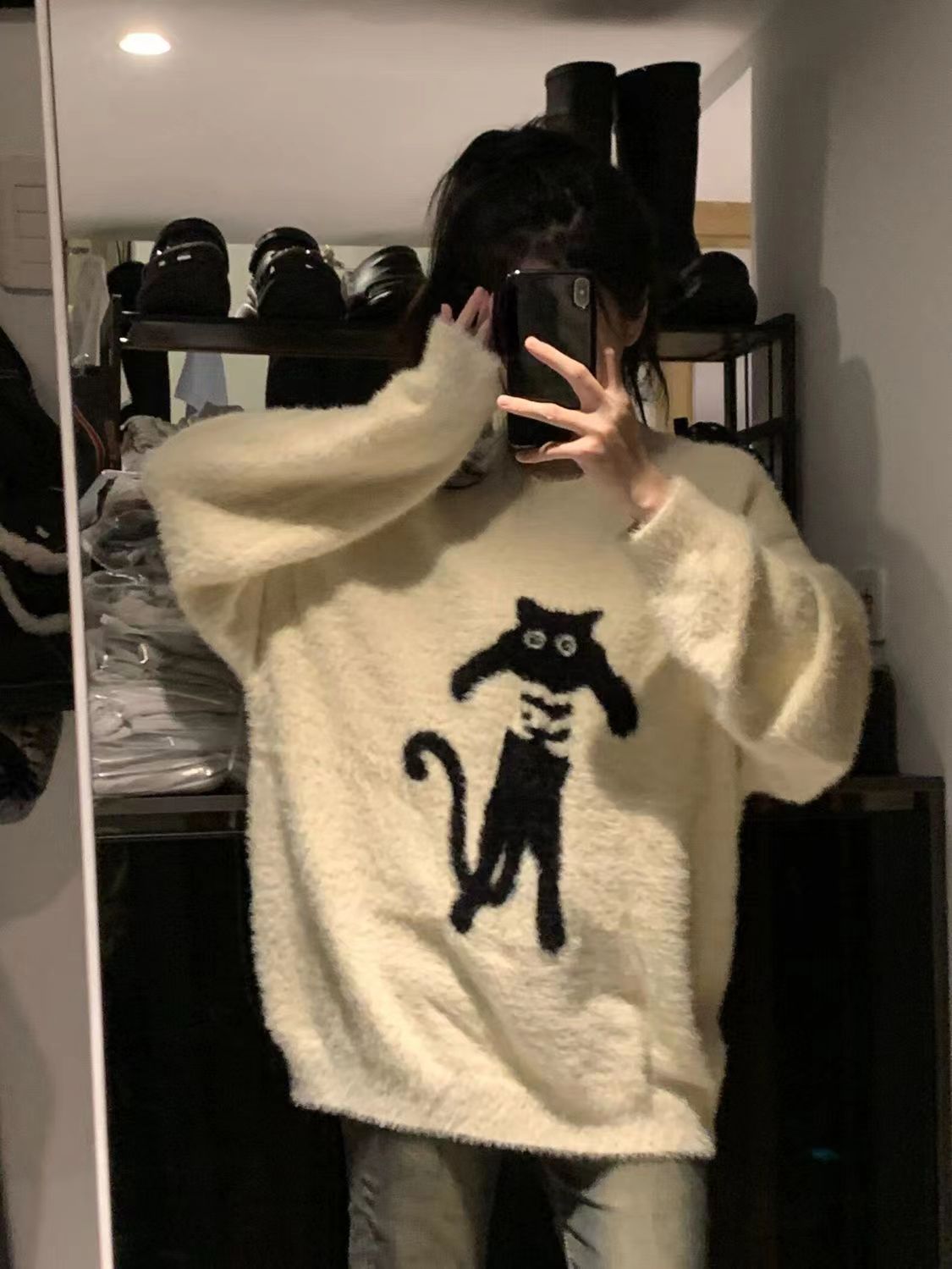 甜酷軟糯慵懶風圓領毛衣女學生秋冬季寬鬆百搭卡通貓咪提花針織衫