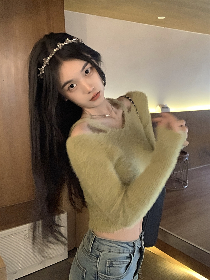 實拍  純欲辣妹露肩水貂毛短款毛衣百搭毛針織衫