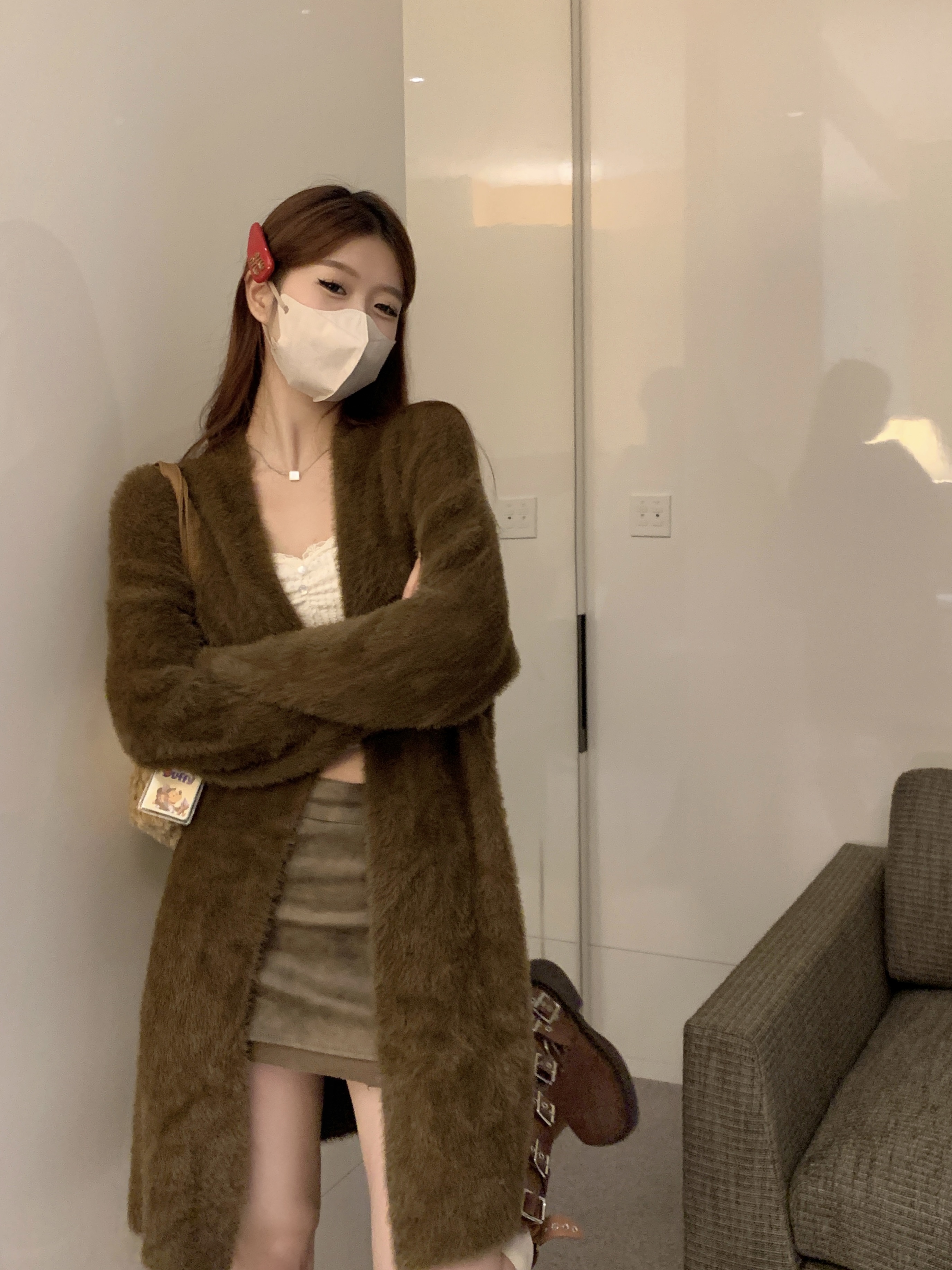 實拍新款溫柔慵懶風仿貂絨寬鬆軟糯保暖中長款開衫毛衣外套女