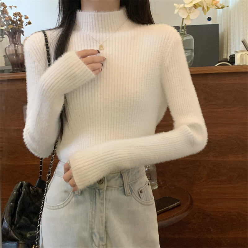 實拍  秋冬新款半高領水貂絨加厚長袖針織衫毛衣女