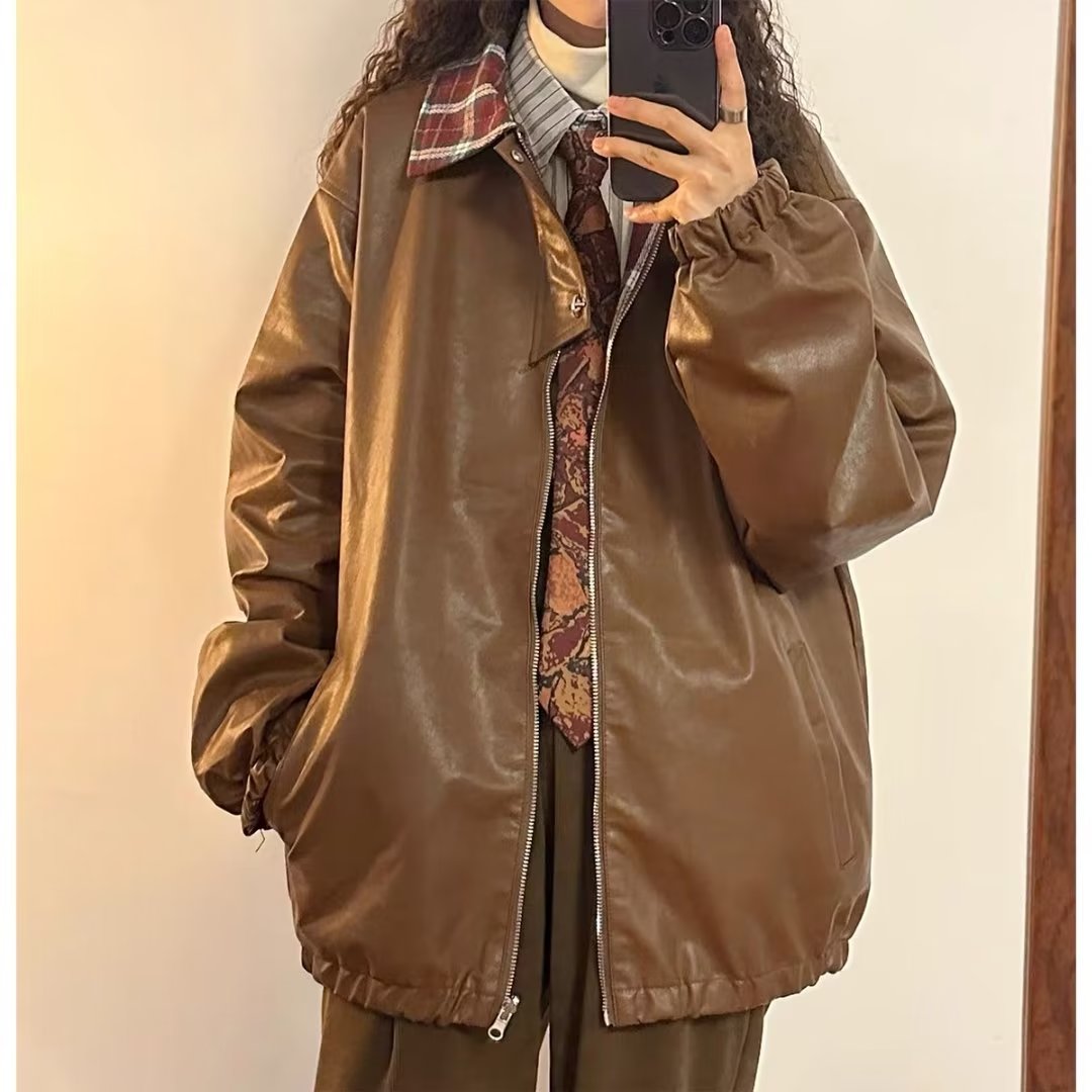 Reversible Plaid Baseball Jacket Women's Autumn and Winter American Retro Reversible Motorcycle Jacket Leather Jacket