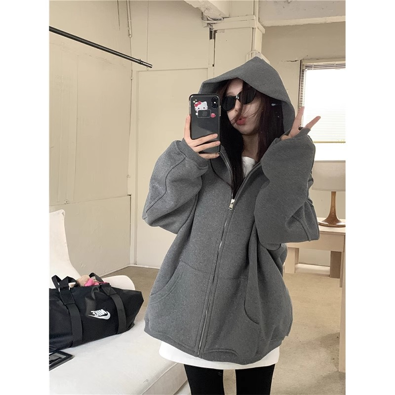 加絨加厚連帽衛衣女秋冬韓版2023新款設計感灰色鹽系寬鬆長袖上衣