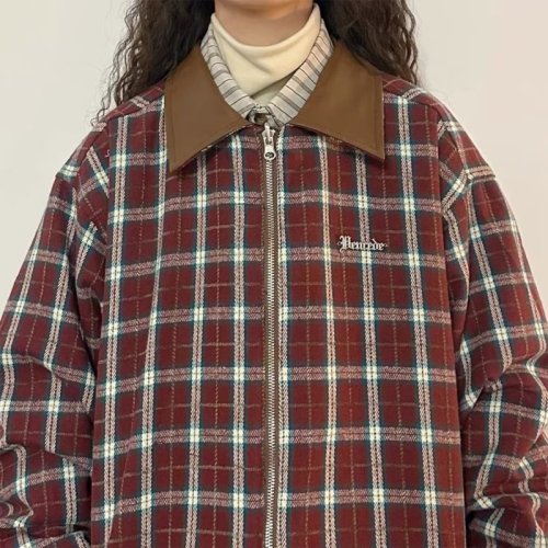 Reversible Plaid Baseball Jacket Women's Autumn and Winter American Retro Reversible Motorcycle Jacket Leather Jacket