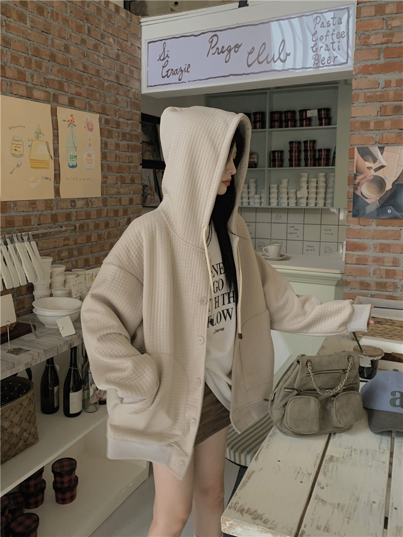 實拍~純色華夫格寬鬆長袖連帽外套女運動休閒bf風百搭上衣