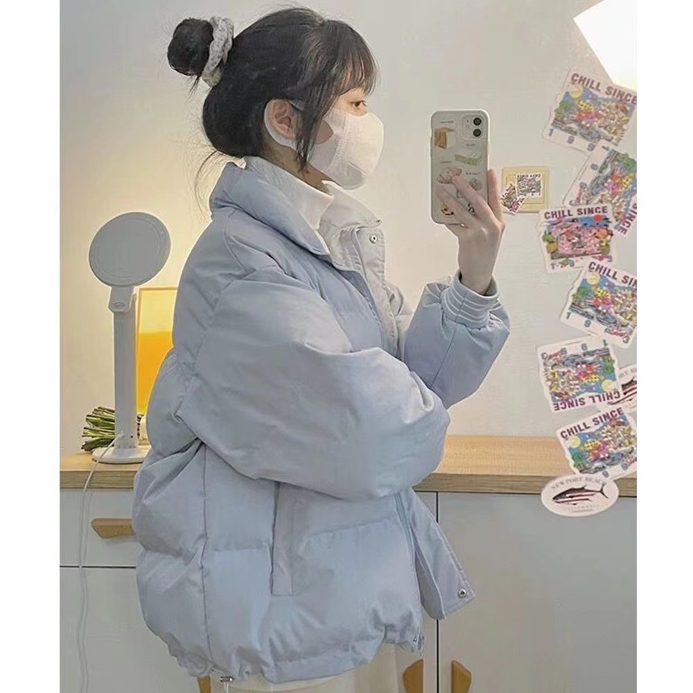 藍色短款棉服女韓版冬季2023年新款加厚小個子學院風棉衣棉襖外套