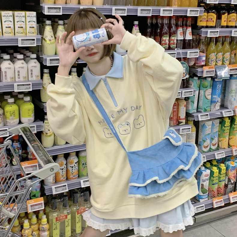 可愛小熊軟妹刺繡polo領衛衣女秋冬