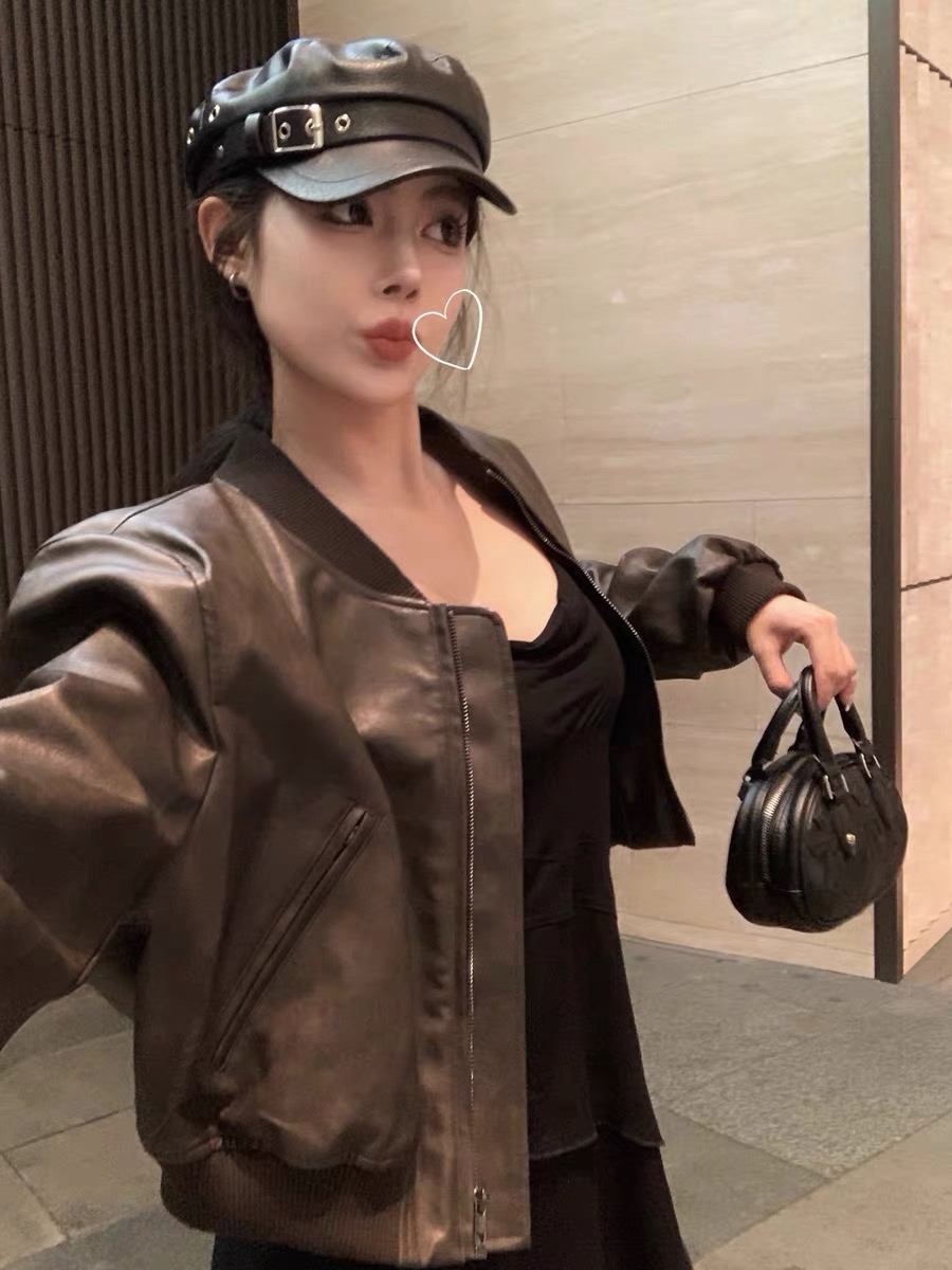 Retro PU motorcycle leather jacket women's autumn and winter 2023 new loose sweet cool style short jacket top