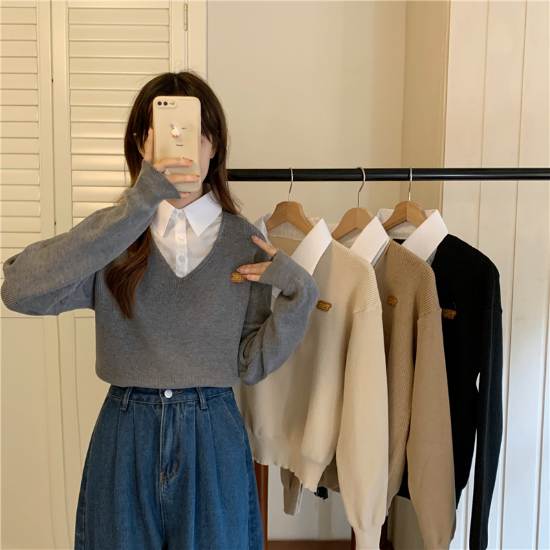 實拍秋冬新款設計感假兩件拼接襯衫寬鬆學院風針織毛衣上衣女