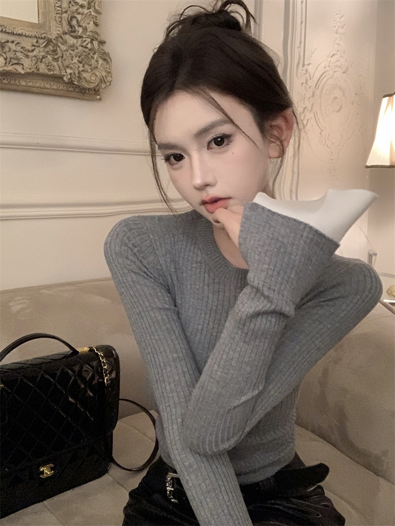 實拍 百搭袖口拼接針織衫女秋冬圓領修身小眾設計感打底上衣