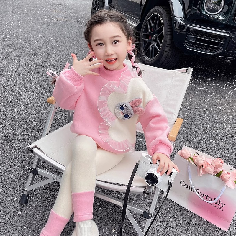 女童秋冬加絨加厚兔子衛衣套裝洋氣2023年冬款新款女孩可愛兩件套