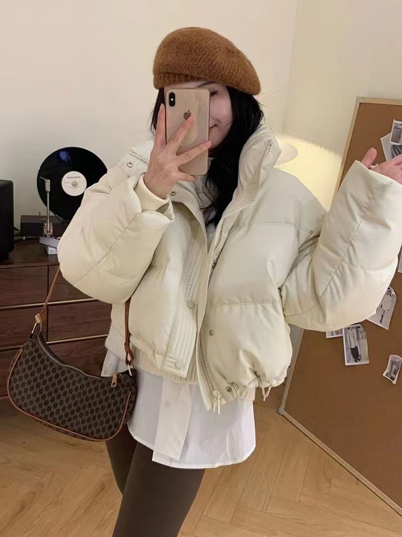 免洗pu皮羽絨服女短款2023新款冬季加厚立領麵包服小個子肯豆外套