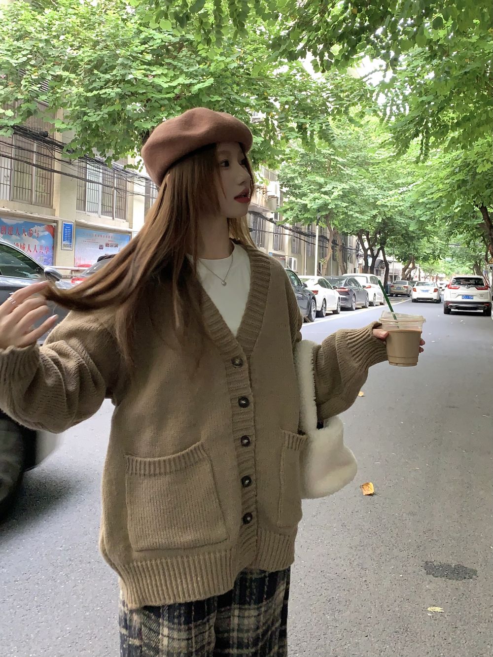 實拍三標齊寬鬆休閒學院風毛衣開衫簡約純色外套女+格子褲