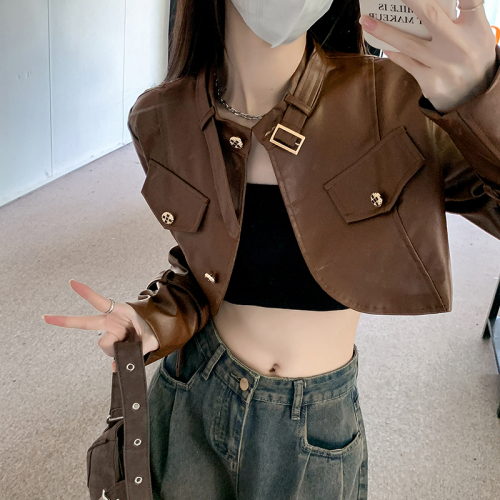 Real shot ~ American retro pu leather short jacket for women, autumn style loose short motorcycle leather jacket top