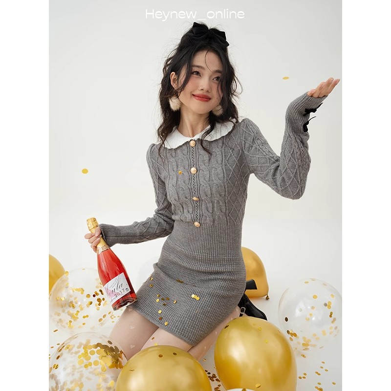 LOVEHEYNEW辣妹針織連衣裙女春季新款2023年法式曼城蝶領連衣裙