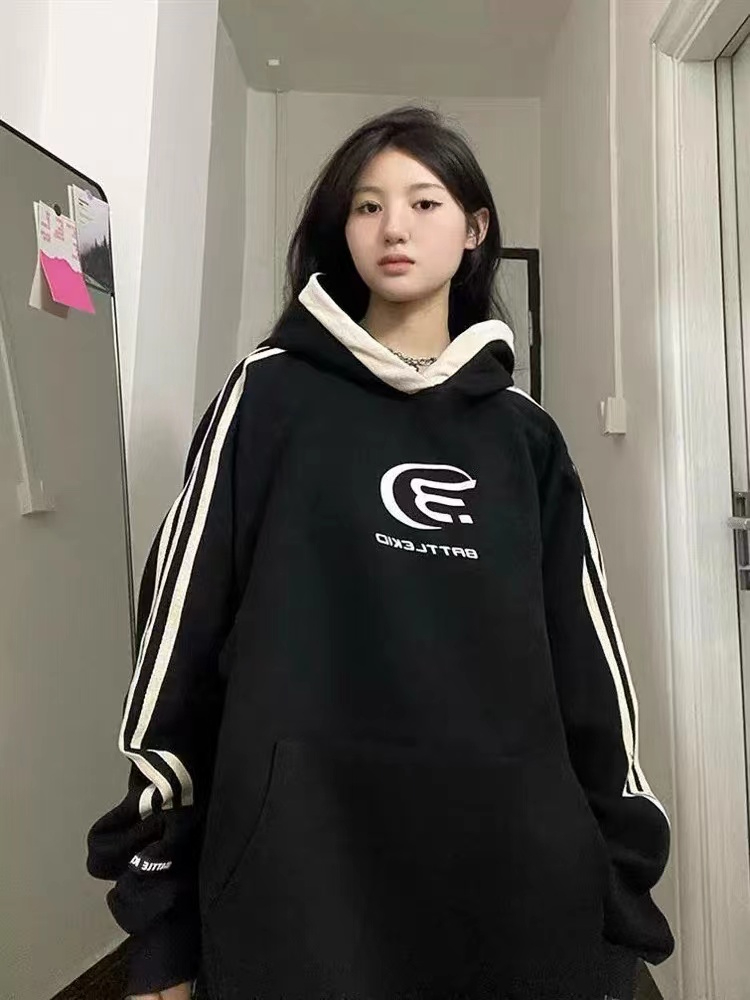 華棉複合銀狐絨美式復古三條槓衛衣女連帽小眾新款加絨