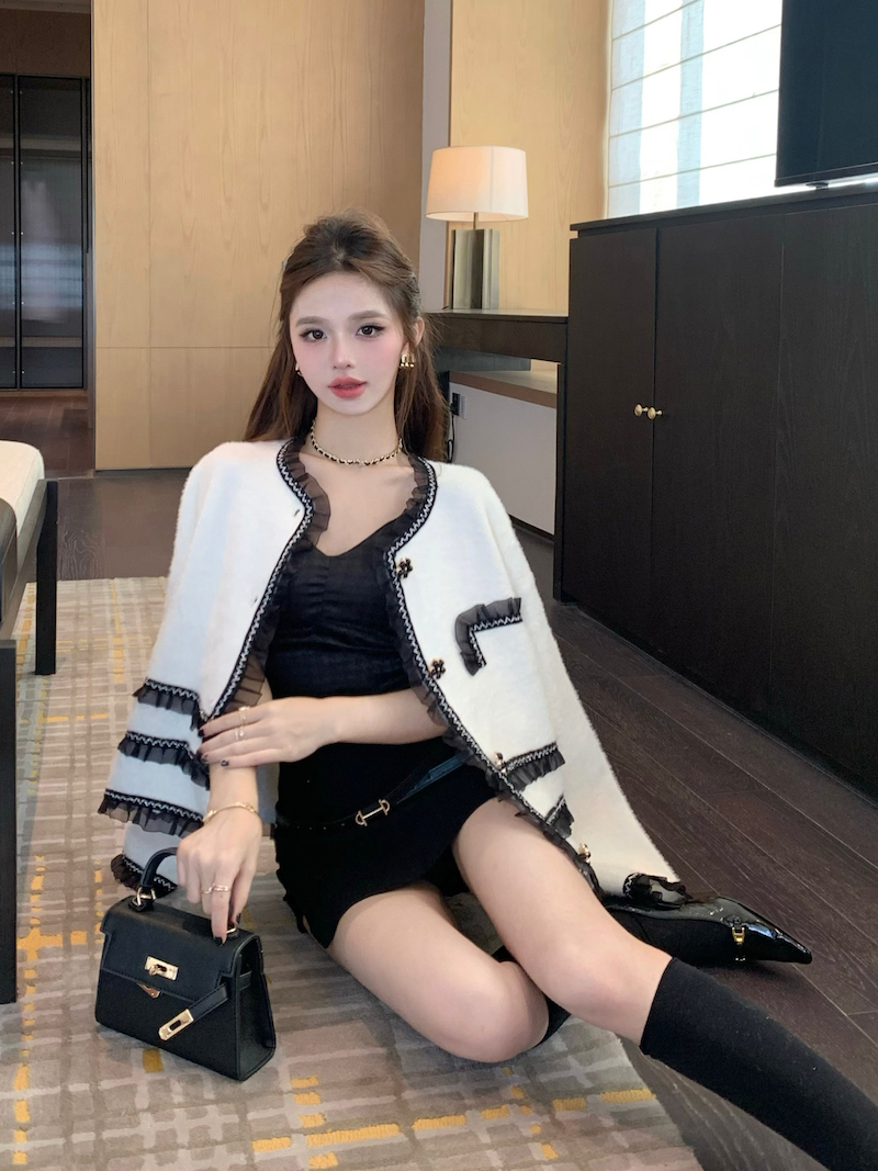 實拍 氣質名媛設計感撞色毛衣女秋冬新款小香風仿水貂絨開衫外套