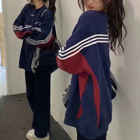 仿棉華棉 複合銀狐絨 ins復古秋冬街頭圓領衛衣女三條槓