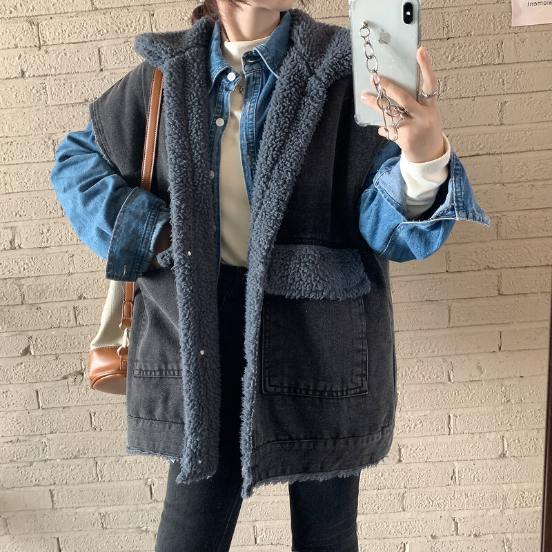 2023冬季新款加絨加厚牛仔馬甲背心外套女小個子寬鬆韓版馬夾外穿