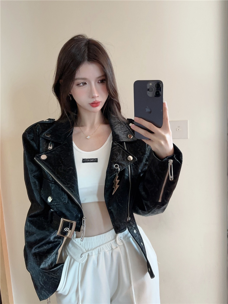 Actual shot ~ 2023 autumn and winter new heavy industry motorcycle hottie letter embroidered lychee glossy PU leather jacket