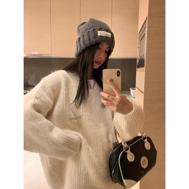 kumikumi慵懶風軟糯毛衣V領套頭針織衫女裝秋季寬鬆休閒長袖上衣