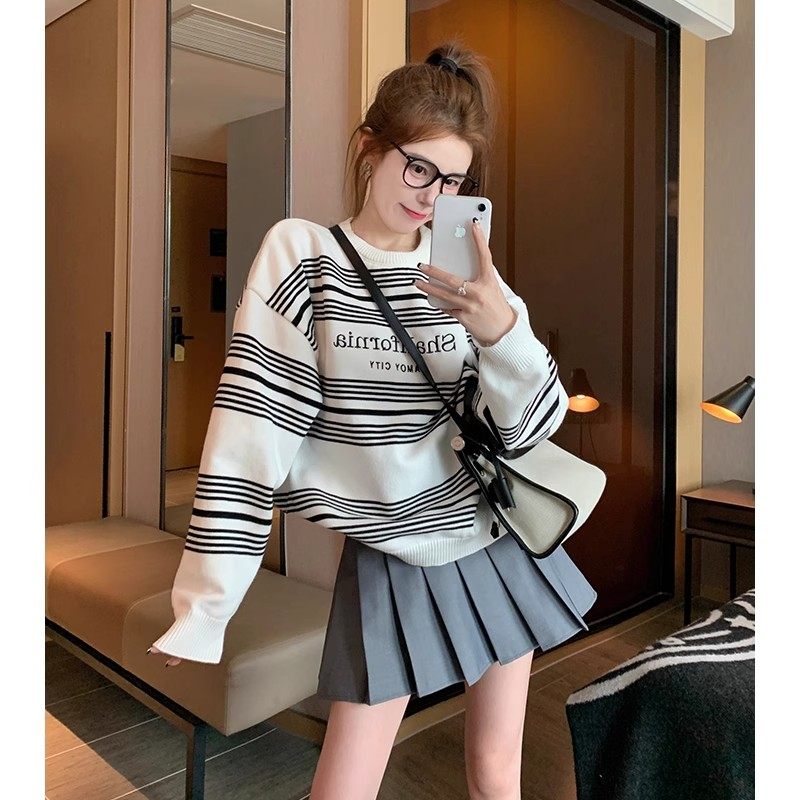白色條紋套頭毛衣女秋冬加絨小個子休閒百搭oversize慵懶風上衣潮