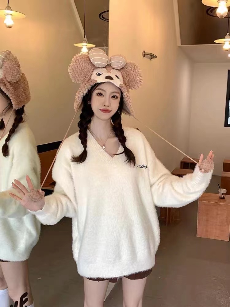 2023韓版秋冬美式慵懶寬鬆V領馬海毛毛衣男女仿水貂毛針織衫潮