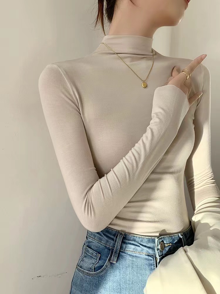 莫代爾半高領打底衫女內搭修身洋氣長袖t恤中領薄款緊身咖色上衣