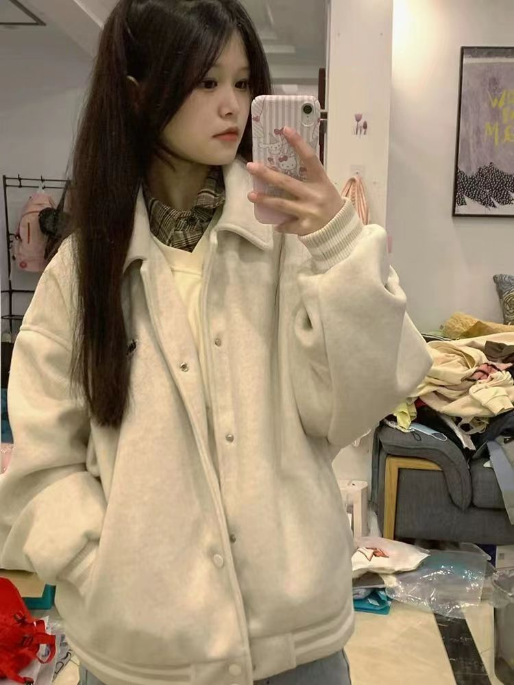 CVC wool and cotton composite milk silk + silver fox velvet baseball jacket autumn and winter loose casual jacket top