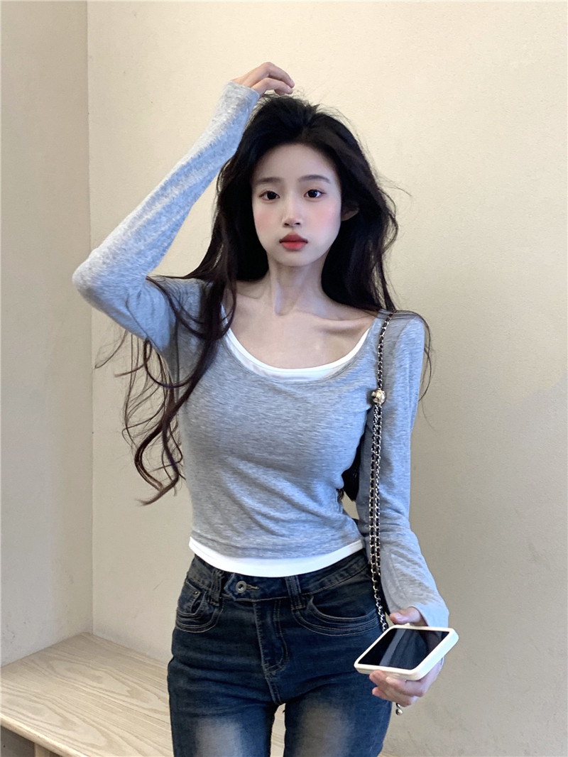 實拍~溫柔風假兩件長袖T恤女秋季修身顯瘦打底衫短款休閒上衣
