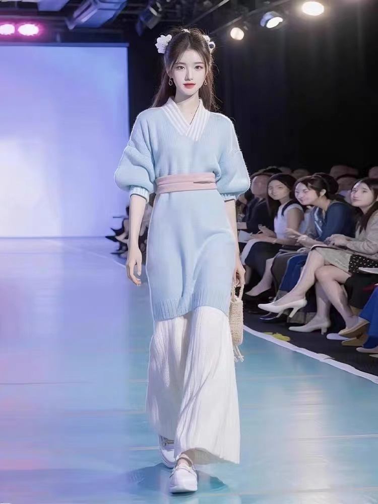 秋裝女2023年新款新中式國風女裝藍色軟糯針織毛衣闊腿褲兩件套裝