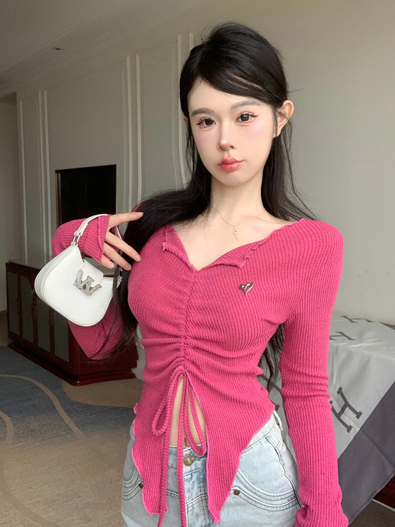實拍 長袖T恤女設計感小眾抽繩正肩辣妹上衣