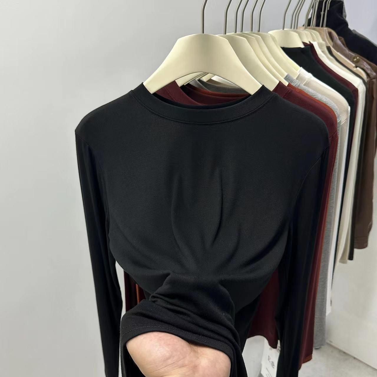 2023 new autumn style simple soft waxy round neck long-sleeved T-shirt for women solid color elastic versatile casual bottoming shirt top