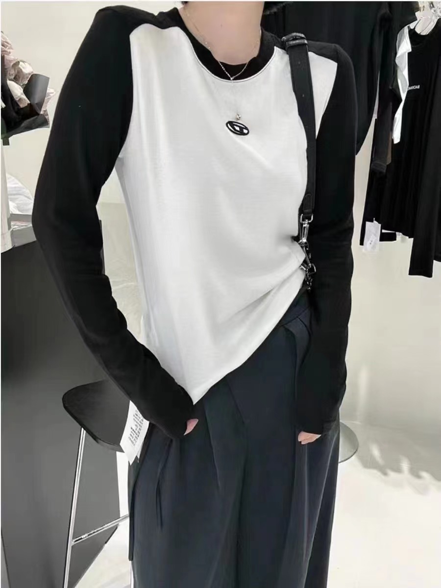 Yicai black and white color matching round neck long-sleeved bottoming shirt for women 2023 Korean version slim fit stretch cotton inner T-shirt top