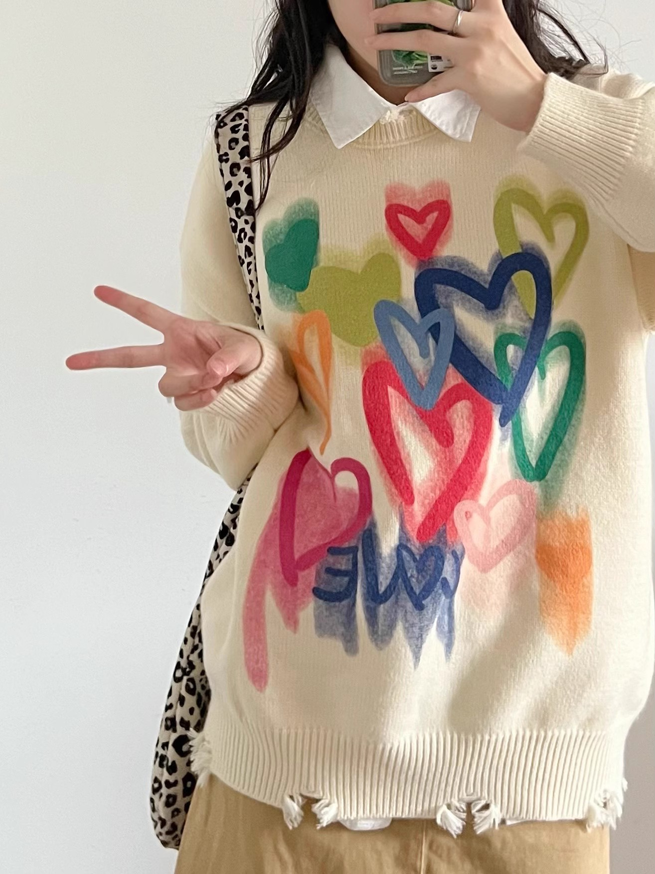慵懶風毛衣女寬鬆韓系復古軟糯彩色愛心圓領套頭破洞針織衫