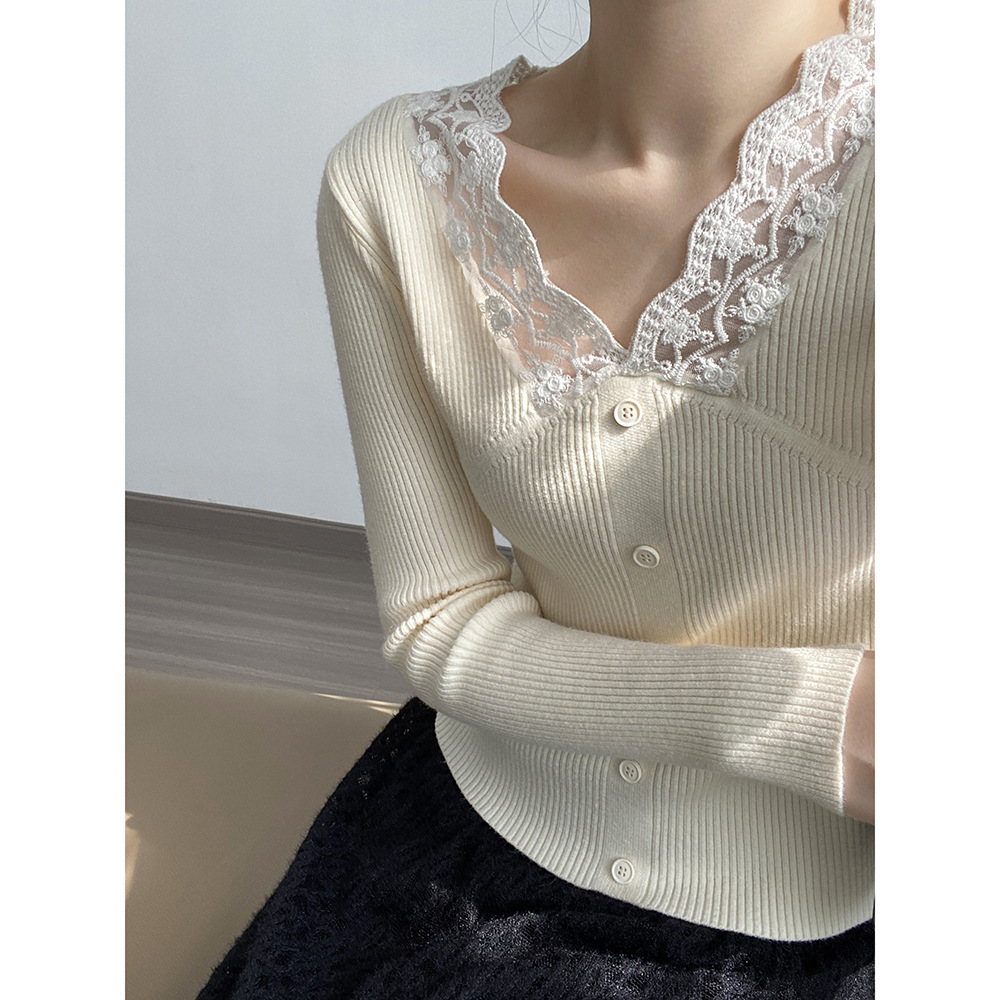 Real shot ~ Lace splicing V-neck sweater for women 2023 autumn and winter new Korean style slim and chic versatile sweater