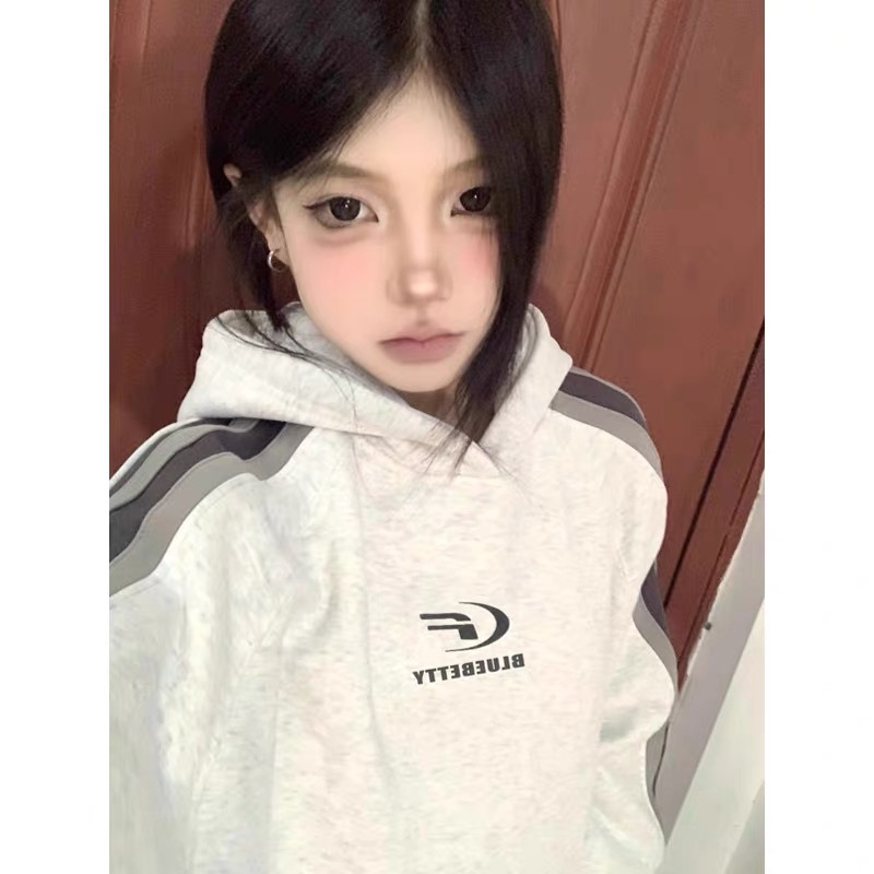 國潮牌設計感小眾拼接連帽衛衣女秋冬季加絨oversize美式復古外套