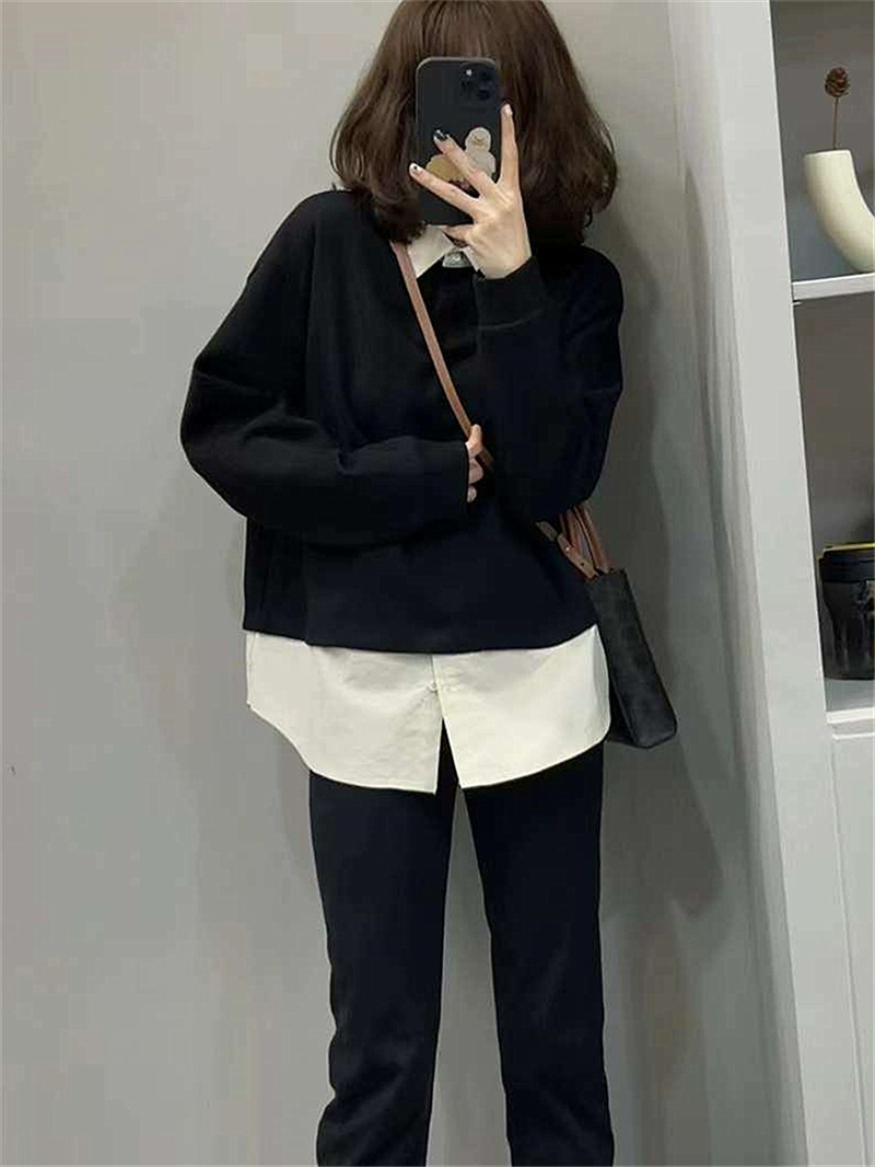 歐貨秋冬2023新款高級感百搭假兩件加絨衛衣女拼接襯衫設計感上衣