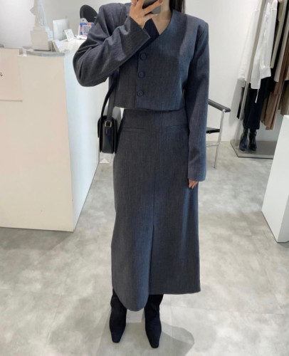 韩国chic秋冬法式设计感V领西装外套+高腰长裙套装