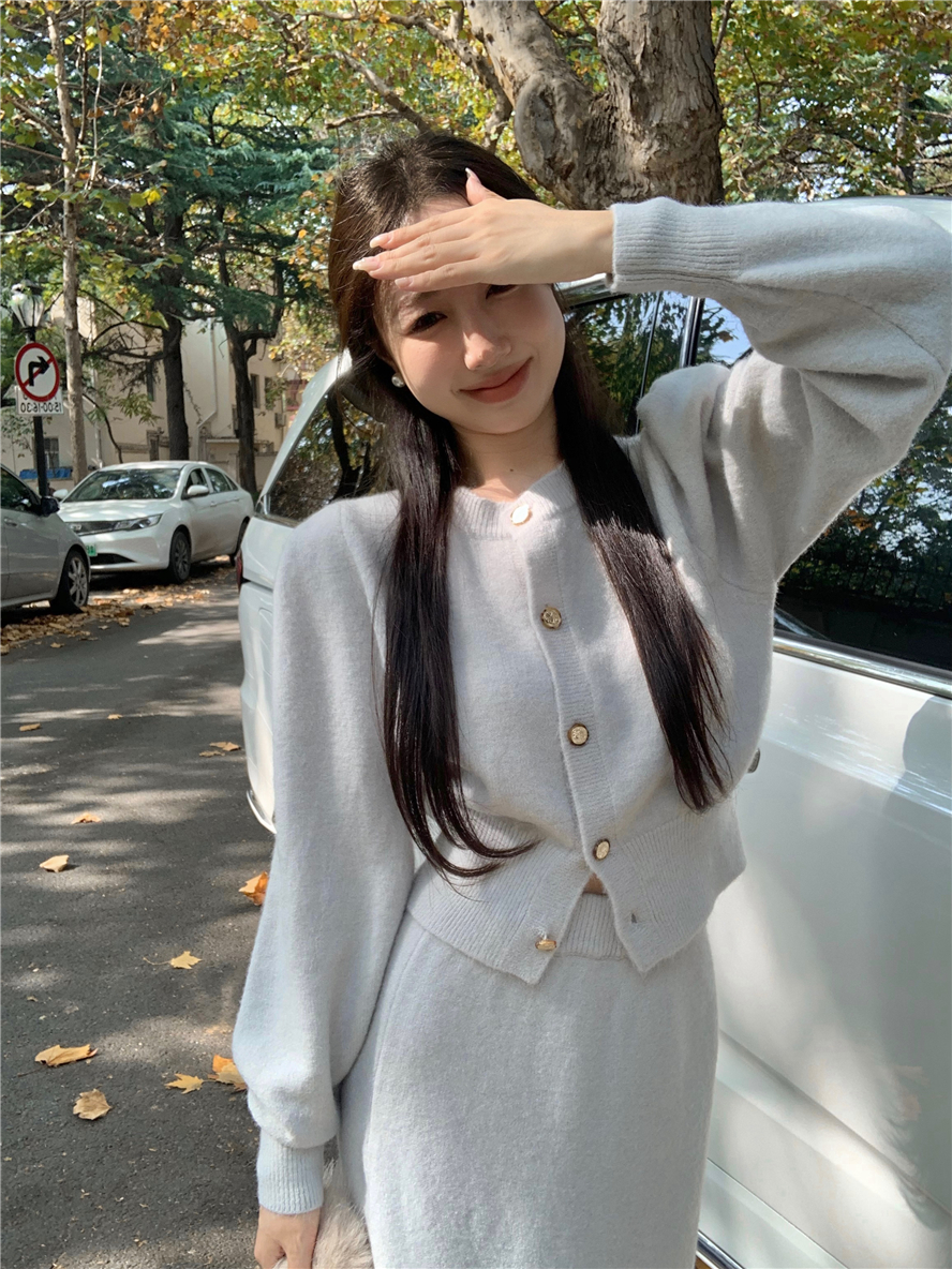 實拍 氣質修身顯瘦針織毛衣半身裙兩件套套裝女秋冬