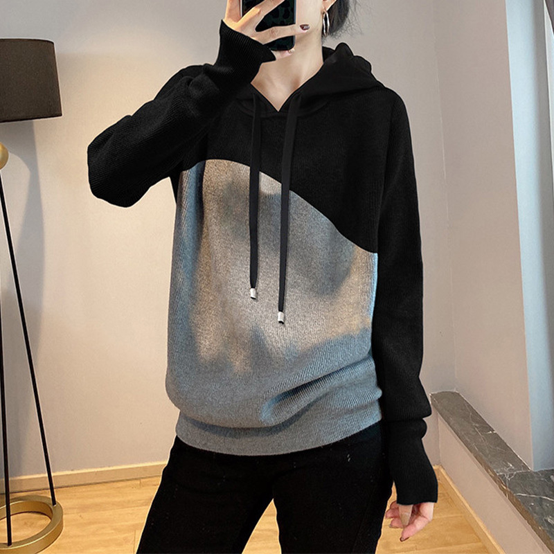 Hooded fake two-piece sweatshirt for women autumn fashion casual contrast color stitching sweater outer top European station