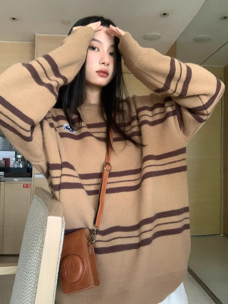PPHOME韓氣麻豆~設計感條紋撞色圓領套頭針織衫女百搭慵懶風毛衣